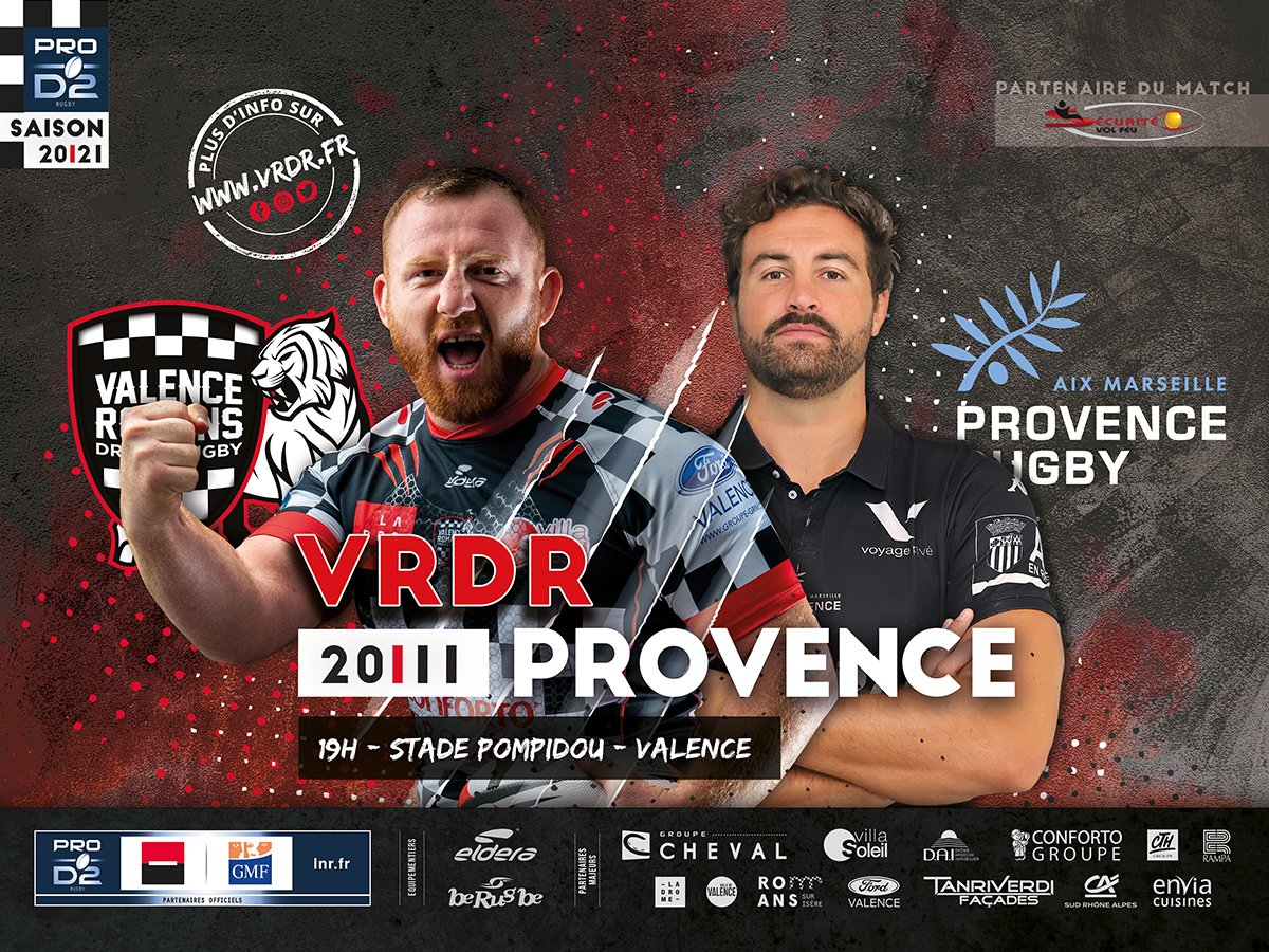 [VRDR ⚡️ <a href="/ProvenceRugby/">Provence Rugby ⚫️🏉</a>]

Sécurité Vol Feu, notre partenaire de match, est heureux de vous présenter la J.10 ! 🏁

🗓️Ven. 20 novembre - 19h00
🏟  Au Stade Pompidou - Valence (huis-clos)

➡️ Suivez le match :
📺 sur Rugby +
💻 sur @francebleuDA / 📻 87.9 FM

#ALLEZDAMIERS #VRDRPR