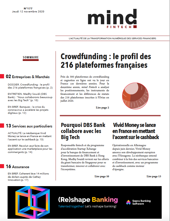 mindfintech's tweet photo. [Hebdo n°177] Au programme cette semaine 👇
https://t.co/y4XT4S9ore

☑️ [Dossier] Crowdfunding : le profil des 216 plateformes françaises

☑️ [Entretien] Medhy Souidi (DBS Bank) : "Nous collaborons beaucoup avec les Big Tech"

☑️ [Actu] La néobanque Vivid Money se lance en France https://t.co/xX2U97pEHd