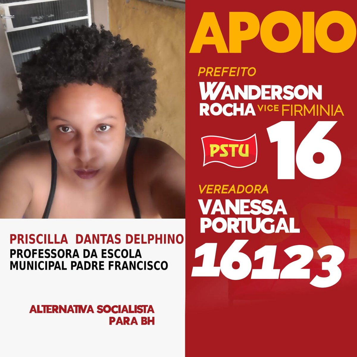 wandersonpstubh's tweet photo. MANIFESTE APOIO | #Votar 16 é escolher um programa socialista. #Digitar 16123 é optar por programa de luta contra a retirada de direitos. #Chega de conciliação de classe.
#Bora somar!? Mande uma foto.
#wandersonrocha16
#vanessaportugal16123
#PSTU
#eleicoes2020 https://t.co/IWwulKEXRW