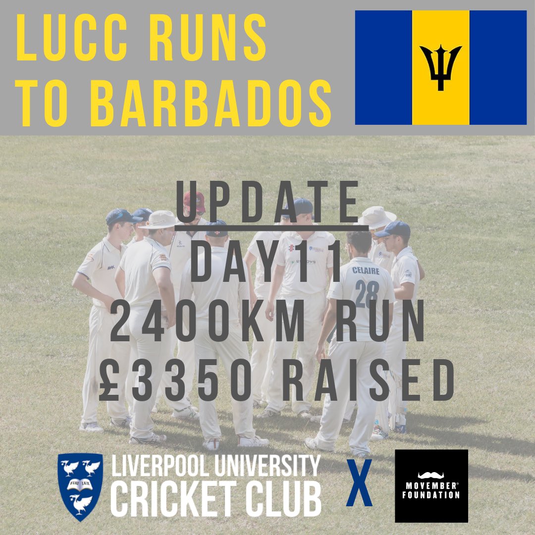 livunicricket's tweet photo. We’re running to Barbados for @MovemberUK. We’re over a third of the way there and have raised £3000+. Any donations would be hugely appreciated and the link is in the bio. Please retweet! @MichaelVaughan @root66 @benstokes38 @josbuttler @BumbleCricket @jbairstow21 @reecekelly98 https://t.co/qJpr8sDA9F