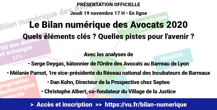 Villagejustice's tweet photo. Assistez à la présentation et l’analyse en direct du Bilan numérique des #Avocats 2020 > Avec @Avocatslyon, @RNIBarreaux, @SEPTEO_GROUPE et @Villagejustice, le 19 novembre, en ligne >  https://t.co/cRIBeJVEft https://t.co/m8irGVih7E