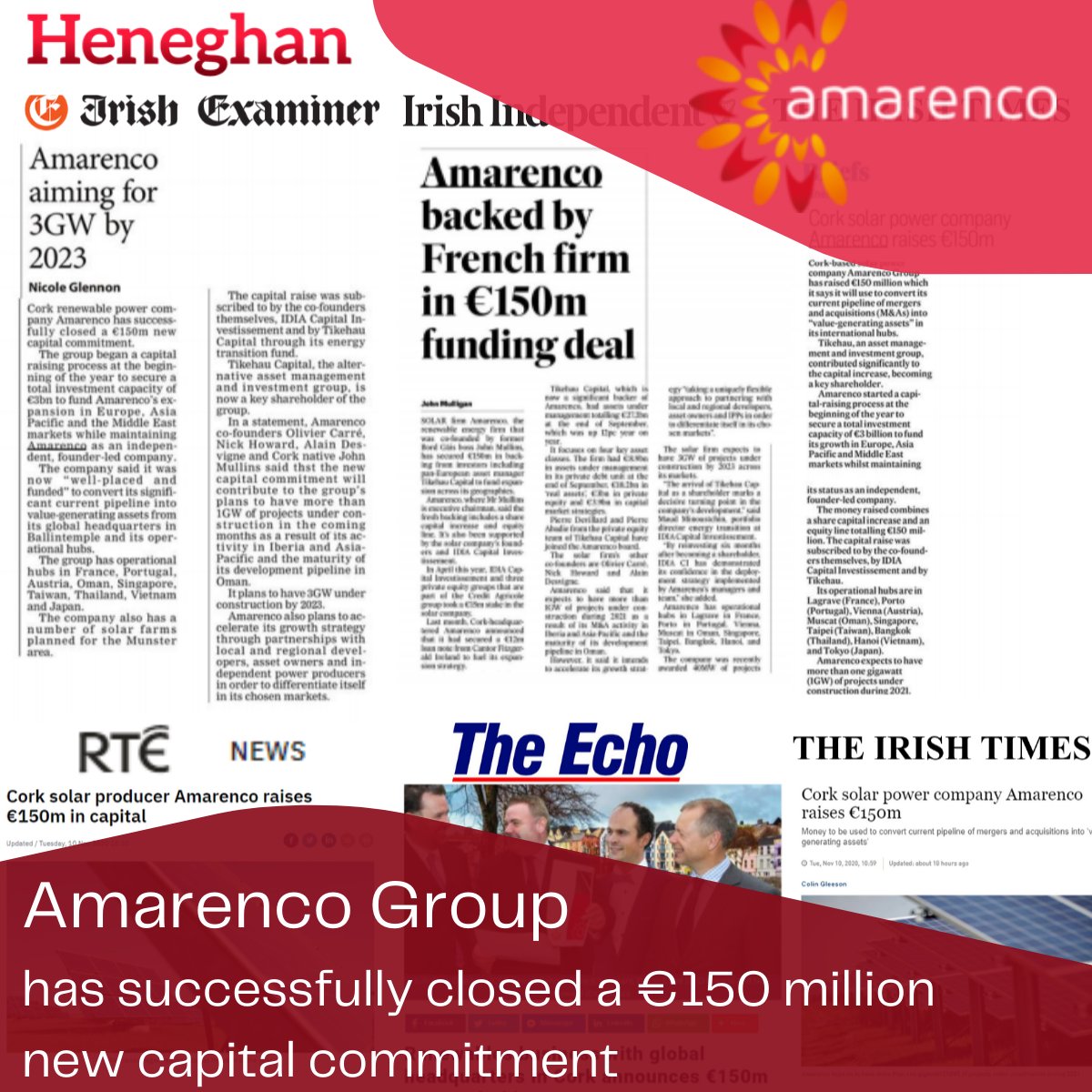 Heneghan's tweet image. Delighted to support @AmarencoGroup to announce the successful closure of a €150 million new capital commitment

#clientannouncement #clientcasestudy