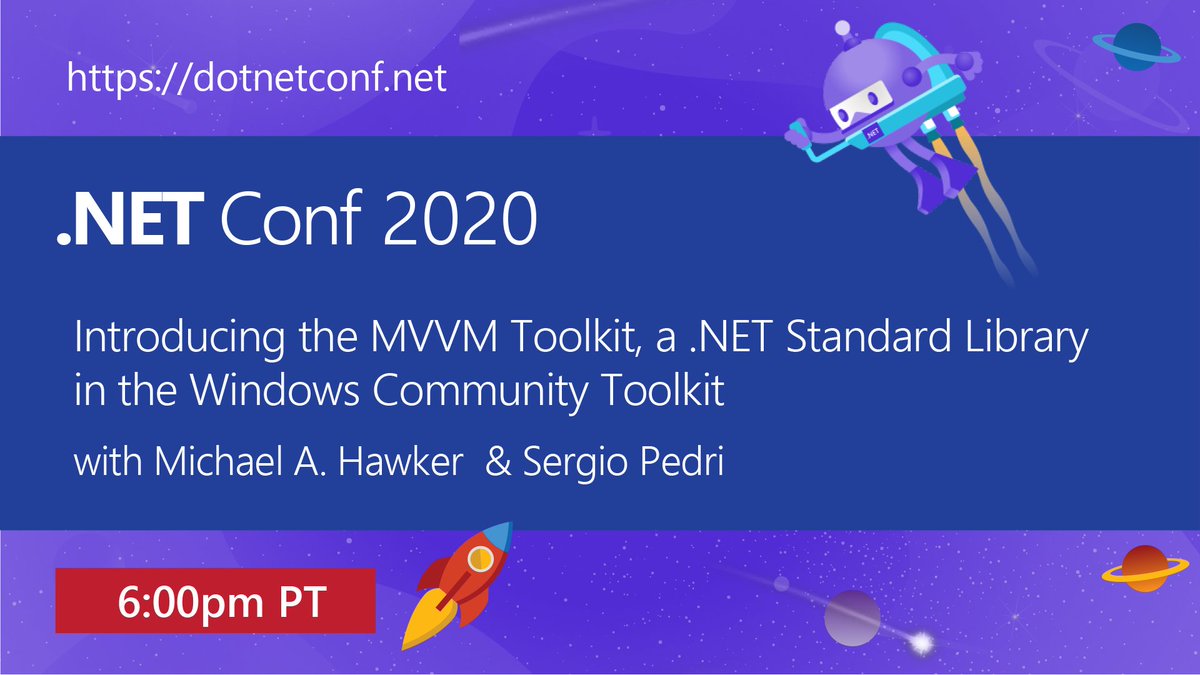 Happening now @ #dotNETConf...
Introducing the MVVM Toolkit, a .NET Standard Library in the Windows Community Toolkit with <a href="/XAMLLlama/">XAML Llama 🦙</a> and <a href="/SergioPedri/">Sergio Pedri</a>
Tune in: msft.it/6012pBEwr
#mvvm