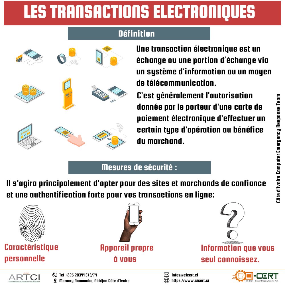 CI__CERT's tweet photo. Qu'est ce qu'une transaction électronique ? Découvrez les mesures à prendre avant une transaction en ligne. 
#cybersec225  
#cybersecurity  
 #cicert https://t.co/Ygxqo7ZNsK