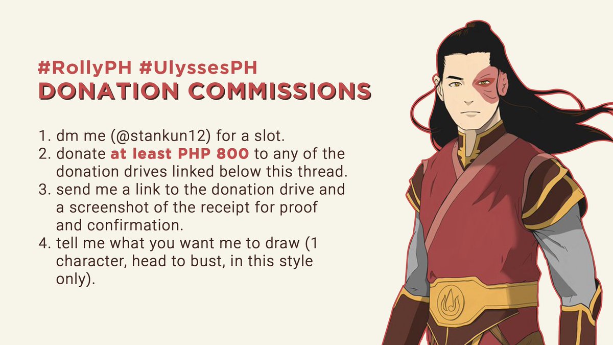 In light of the recent events, I am opening my commissions to help our fellow Filipinos affected by typhoons #RollyPH and #UlyssesPH. I can accommodate up to five (5) clients as of the moments.

See thread for donations links!

#artph #SiningParaSaBayan