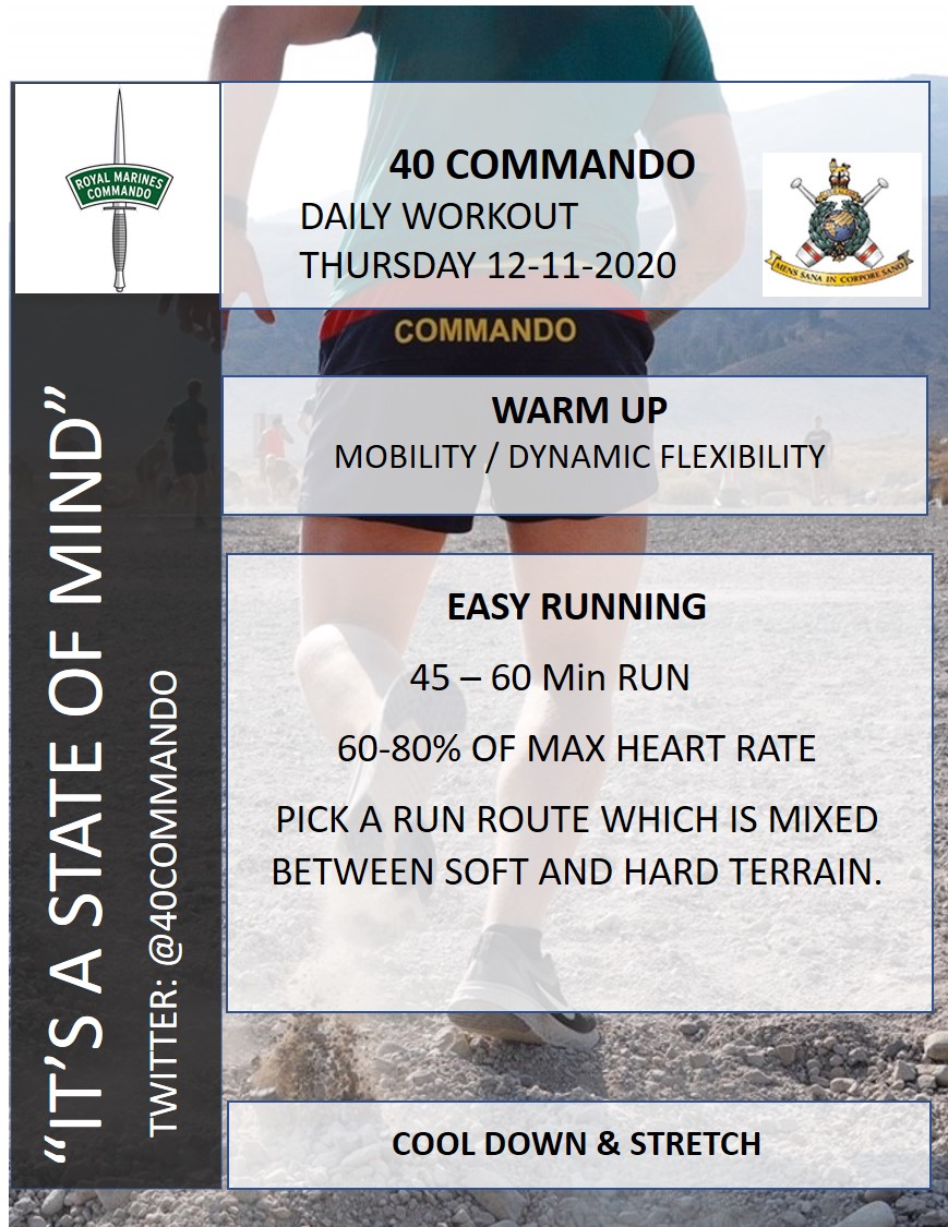 40commando's tweet image. Today's #lockdownphys is an easy run to improve your Aerobic threshold.

Keep the effort down to about 40% or 60&amp;gt;80% of your Max Heart Rate. 

Pick a run route which is mixed between soft and hard terrain to make more use of your stabilising muscles.

Enjoy!