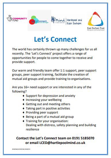 Letsconnect_eng's tweet photo. We have well-being practitioners providing emotional support and advice. Give us a ring today! No waiting lists! 0191 5185070 Chris and Ann are waiting to speak to 👉🏼 @Lets_Connect_ED @DurhamComAction pls RT https://t.co/xLLbqfQaWv