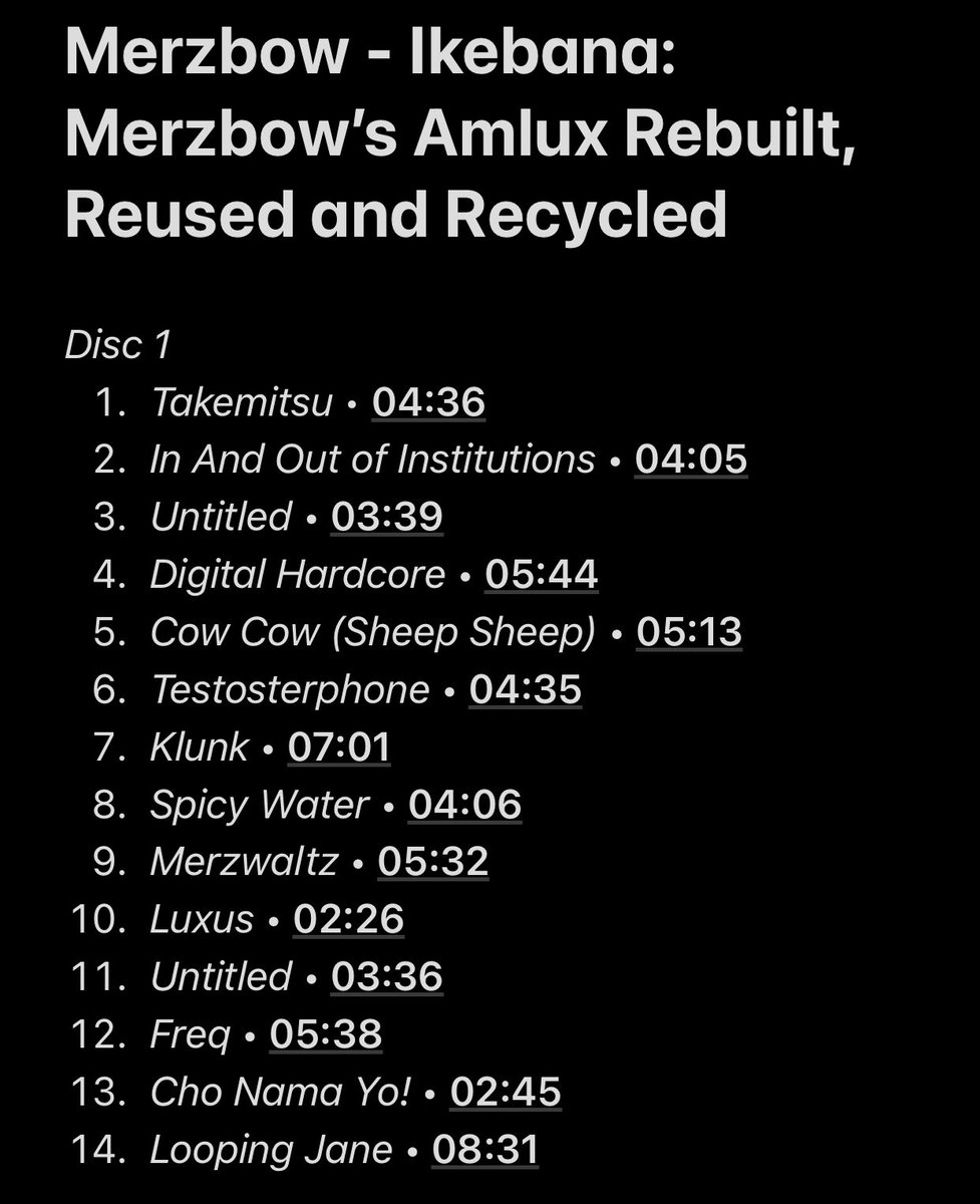 80/108: Ikebana: Merzbow’s Amlux Rebuilt, Reused and RecycledSo this project is basically a 2h20 double album of remixes based of Amlux by Merzbow (one of the few albums I actually like from him). It’s really diversified so it’s interesting but it’s waaaaaaay too long.