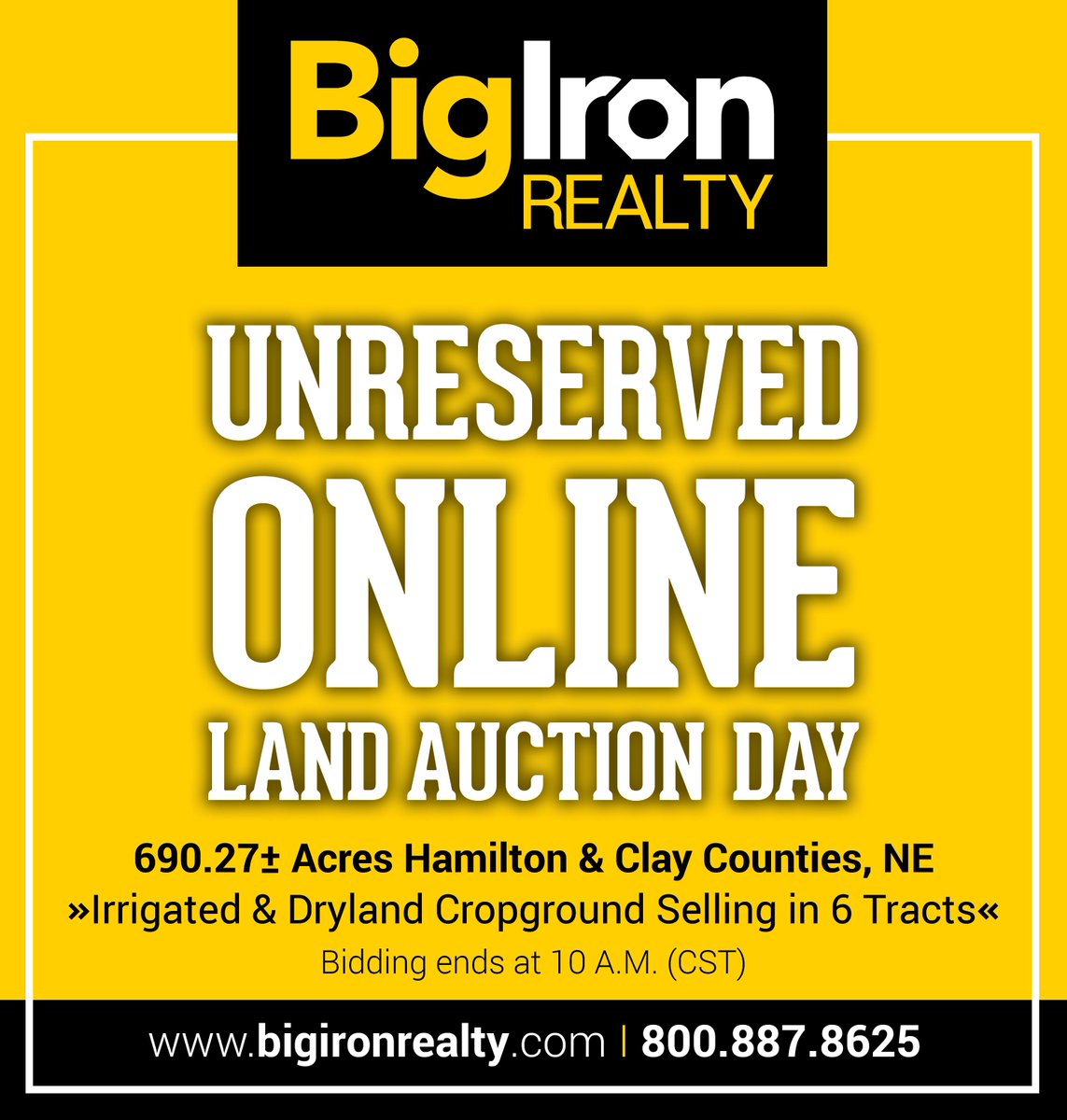 BigIronRealty's tweet photo. It's Land Auction Day! We have 690.27± acres of Hamilton &amp; Clay Counties, Nebraska irrigated &amp; dryland cropground selling in 6 tracts on BigIron Realty's unreserved online land auction today. Visit https://t.co/TWxbFf7C2s to place your bid! #BigIronRealty #NebraskaLandForSale https://t.co/SupRbD5sO0