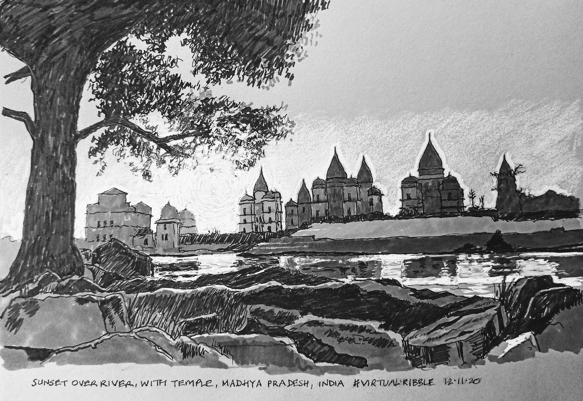 jshakart's tweet photo. #VirtualRibble Madhya Pradesh, India. Sunset over river, with temple. Fude pen, grey markers, white calligraphic marker, white gel pen, white pencil crayon, A4 #stillmanandbirn grey toned Nova #sketchbook Thanks to Pat Southern-Pearce. https://t.co/ZAf1H9dPvX