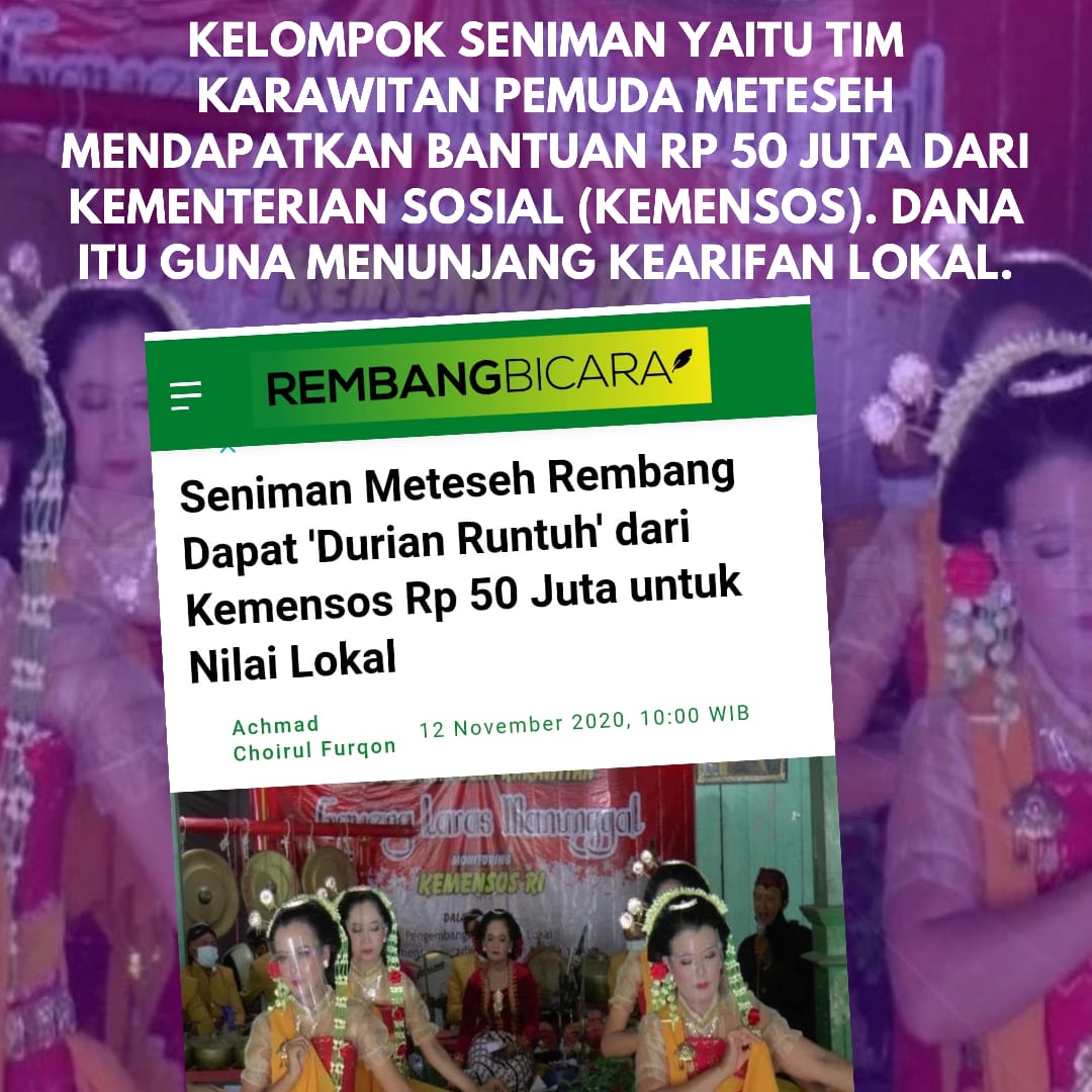 win_ardie's tweet photo. Paguyuban Karawitan Gayeng Laras Manunggal Desa Meteseh Kecamatan Kaliori ini, diminta bisa memanfaatkan bantuan Rp 50 Juta dengan baik. 
Bantuan @KemensosRI ini untuk pengembangan budaya dan kearifan lokal agar di kenal anak muda, ungkap Mustajab kepala Dinsos PPKB Rembang https://t.co/BwE9R3GCHa