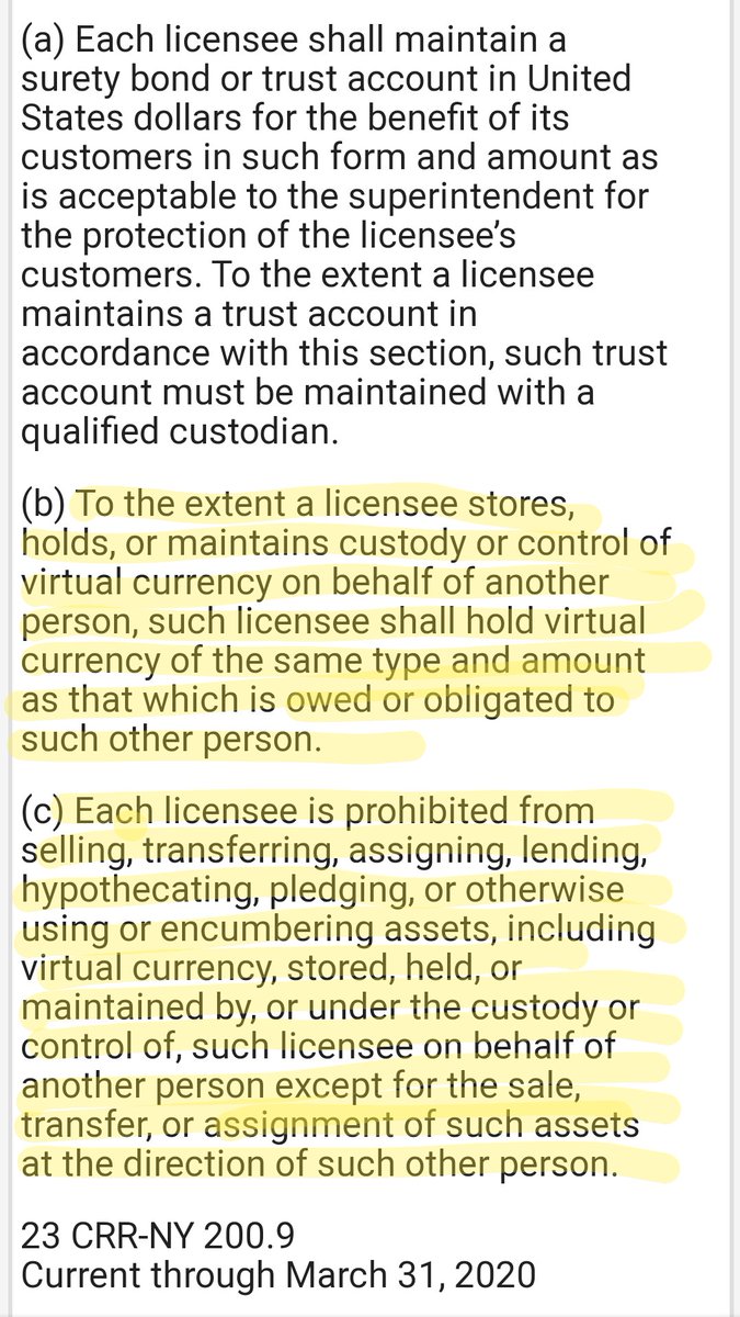 3/3 The Bitlicense regulatory framework has very clear requirements when it comes to custody of customer assets. It is published here: https://govt.westlaw.com/nycrr/Document/I85908c7d253711e598dbff5462aa3db3?viewType=FullText&originationContext=documenttoc&transitionType=CategoryPageItem&contextData=(sc.Default)&bhcp=1It says under 200.9: