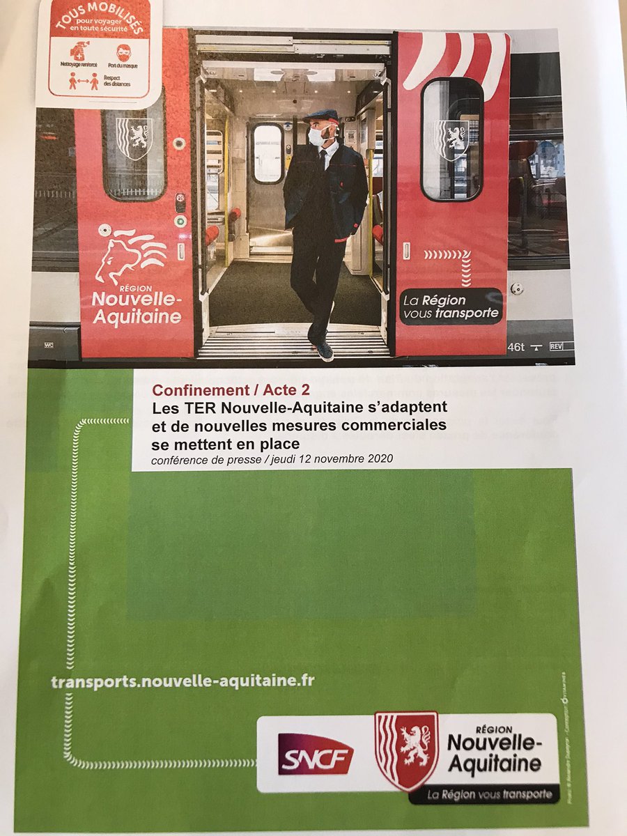 #SNCF conf de presse R.Lagrave VP transport et H.Lefevre SNCF Annoncent le plan de transport et les mesures commerciales pour permettre aux Néos Aquitains qui travaillent de se déplacer. <a href="/TERNouvelleAQ/">SNCF Voyageurs TER NOUVELLE-AQUITAINE</a>. Environ 70% en semaine et réduction le week-end (hors dimanche soir.)