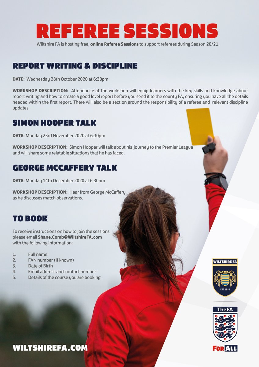 Our next free, online session #ForReferees is on 23rd November.

For more information and to book your place visit - wiltshirefa.com/news/2020/oct/…
