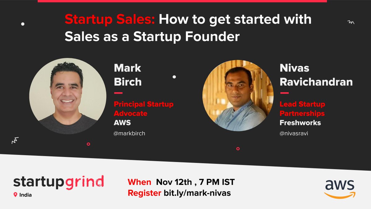 Join us today at 7pm IST as <a href="/StartupGrind/">Startup Grind</a> <a href="/StartupGrindIN/">Startup Grind India</a> hosts <a href="/awscloud/">Amazon Web Services</a> Principle Startup Advocate, <a href="/marksbirch/">markbirch.bsky.social</a>, and <a href="/nivasravi/">Nivas Ravichandran</a> <a href="/FreshworksInc/">Freshworks Inc</a> Lead Startup Partnerships.

Link- bit.ly/mark-nivas

Shout out to <a href="/talk2kash/">Kashyap Kompella</a> for the hard work behind this event. 

#SGIndia
