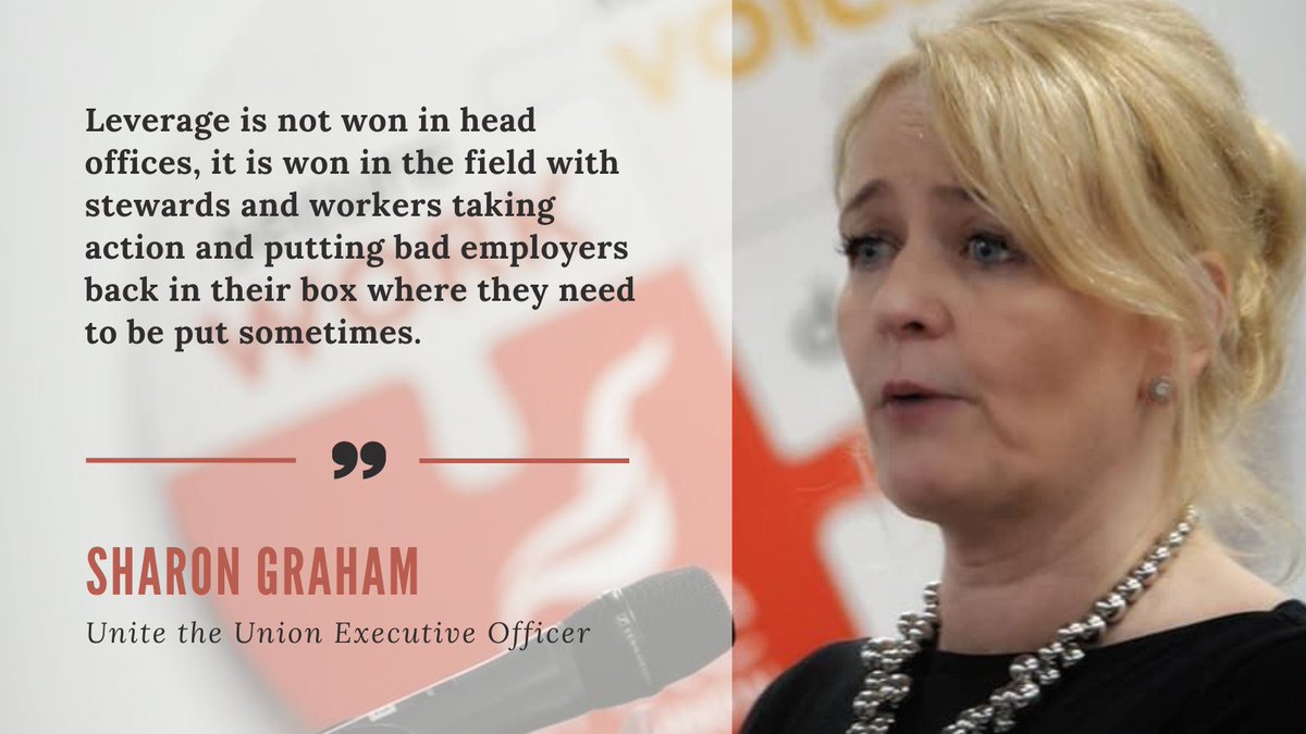 WorkVoicePay's tweet photo. "Through the successful introduction of Unite Leverage and more recently Crisis Leverage, we have shown that it is possible for trade unions to mount serious campaigns that get results. Prior to the pandemic our record was 12 wins in 12 leverage campaigns."  Sharon Graham. https://t.co/og271n2p6h