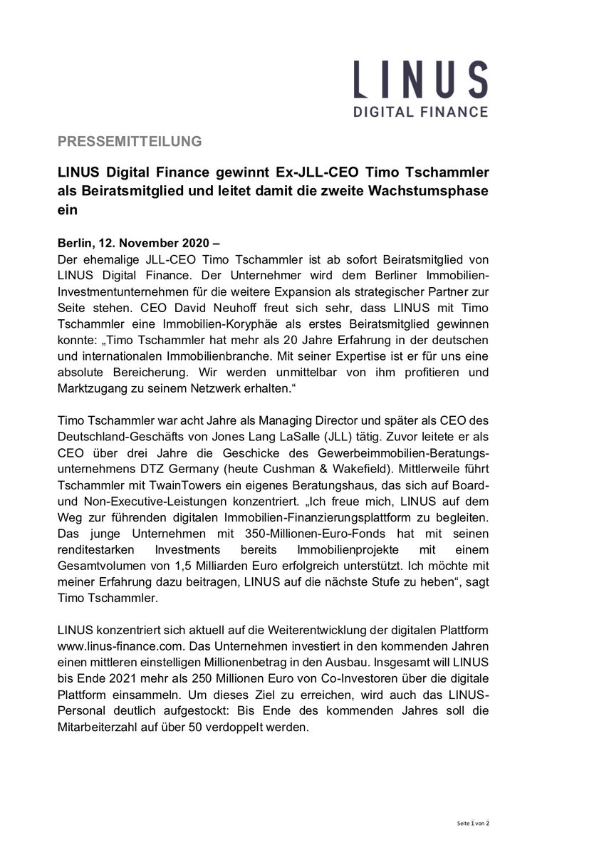 Finanzierung digital geht nicht? Doch, geht! LINUS Digital Finance (linus-finance.com) #linuscapital bietet daten- und technologiegesteuerte Finanzierungslösungen für Immobilienprojekte. Ich bin gerne dabei - als Beirat #TwainTowers und Investor #LondonGate.