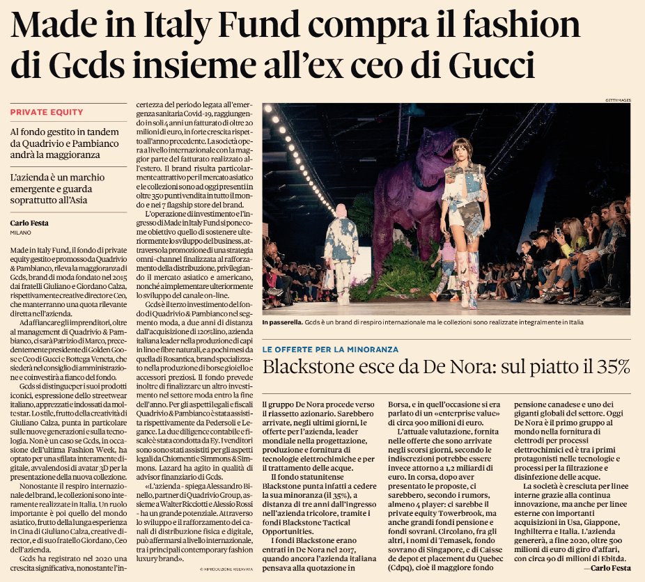 #MadeinItalyFund, il Fondo di #PrivateEquity gestito e promosso da Quadrivio &amp; <a href="/davpamb/">david pambianco</a>, rileva la maggioranza di @GCDS, il brand di moda fondato nel 2015 dai fratelli Giuliano e Giordano Calza.
Fonte: <a href="/sole24ore/">IlSole24ORE</a> del 12.11.2020
Info: madeinitalyfund.com