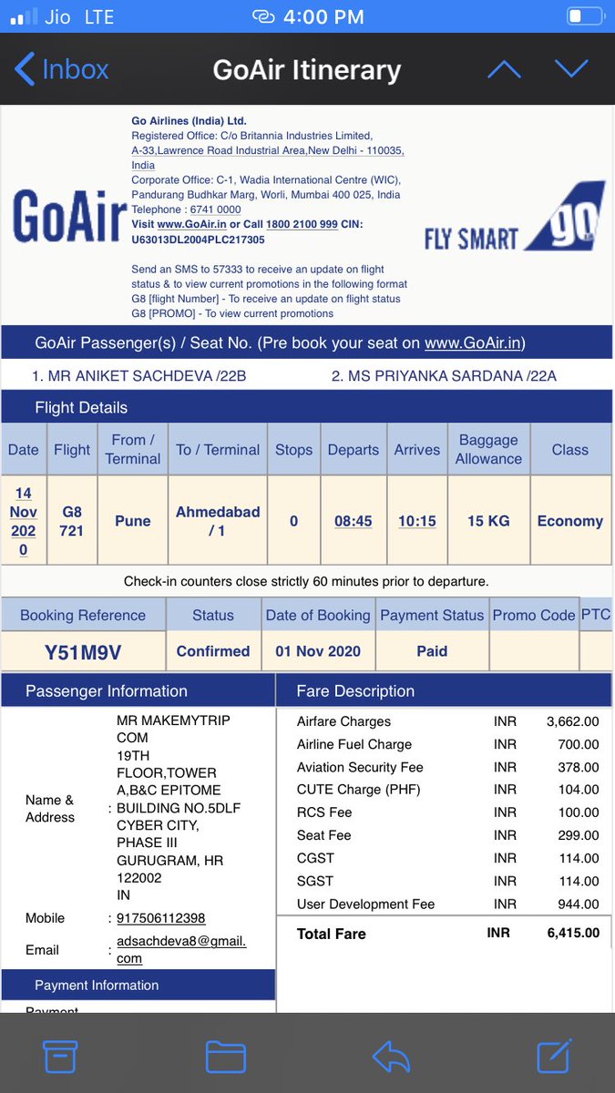 AniketSachdev15's tweet photo. @goairlinesindia @MoCA_GoI I booked a direct flight(G8 721)Pune-Ahmedabad for 14 Nov 2020. Without any notification it was rescheduled &amp; Delhi was added as a stop with 6hr layover. No choice to opt out of it. i’ve called customer care 10 times with no response. Very unethical. https://t.co/Tk6Uk4Sr5u