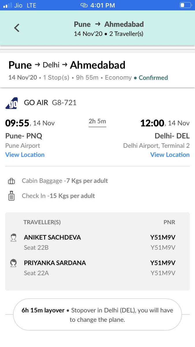 AniketSachdev15's tweet photo. @goairlinesindia @MoCA_GoI I booked a direct flight(G8 721)Pune-Ahmedabad for 14 Nov 2020. Without any notification it was rescheduled &amp; Delhi was added as a stop with 6hr layover. No choice to opt out of it. i’ve called customer care 10 times with no response. Very unethical. https://t.co/Tk6Uk4Sr5u