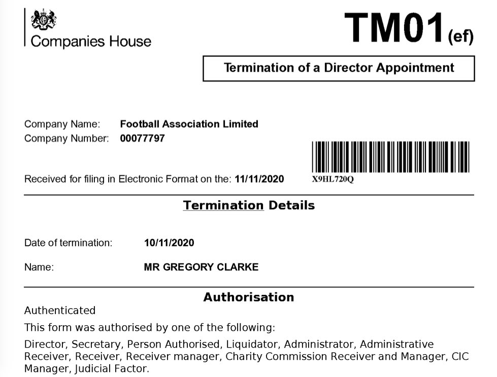 Greg Clarke’s termination as chair/director of  @FA is confirmed with the TM01 being filed with  @CompaniesHouse What’s that I hear you say: how will Clarke’s replacement be selected?