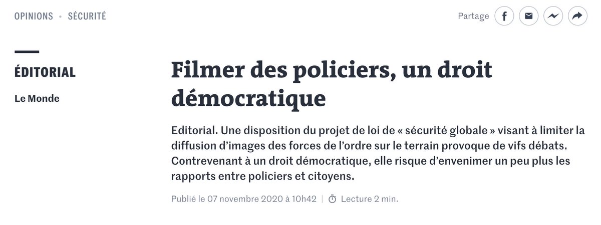  @libe reports that until recently, legislation covered "powers of municipal police & role of private security companies," but that articles on recording police were added mid-October.  @lemondefr published opinion piece, saying that "such restrictions could only curtail freedoms."