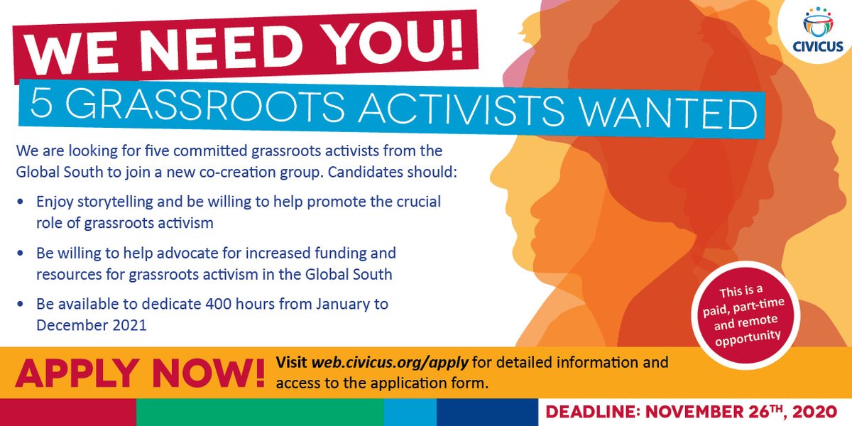 CIVICUSalliance's tweet photo. 📢Great opportunity: We're looking for 5 passionate grassroots activists to join a group that will co-create &amp; implement a campaign to advocate for improved resourcing practices for grassroots activism throughout 2021.

➡️Information &amp; application form: https://t.co/n79o1Ucr81 https://t.co/8CPnH45Zde