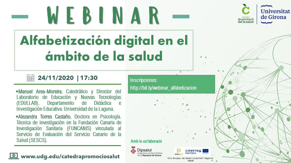 Pydesalud's tweet photo. El webinar sobre #AlfabetizaciónDigitalEnSalud que organiza la Càtedra de Promoció de la Salut de la #UdG y en el participará @AlezTorres1, tendrá lugar el 24 de noviembre y las inscripciones están abiertas. ¡Únete en el siguiente link y participa! https://t.co/y5w59NXH3d https://t.co/IyBNFCgYOs
