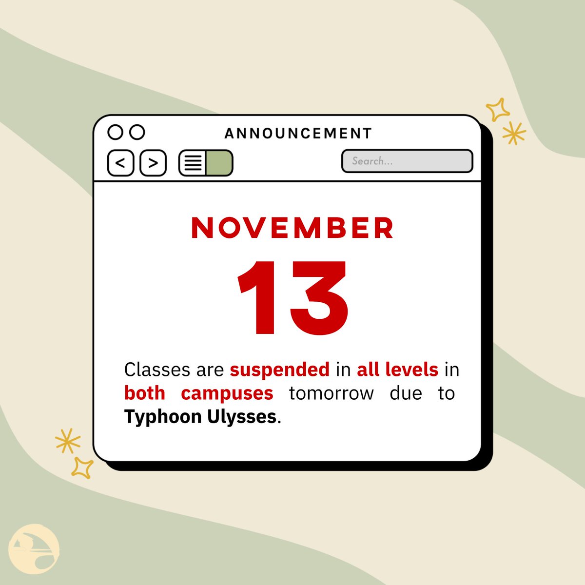 hssrcc's tweet photo. [Class Suspension]

📌 Lasallians!

⛈ Pursuant to Mayor Jaime Fresnedi and Governor Jonvic Remulla's announcements, classes are suspended in ALL LEVELS in BOTH CAMPUSES tomorrow, 13 November 2020, due to Typhoon #UlyssesPH. https://t.co/y7GuwHNe83