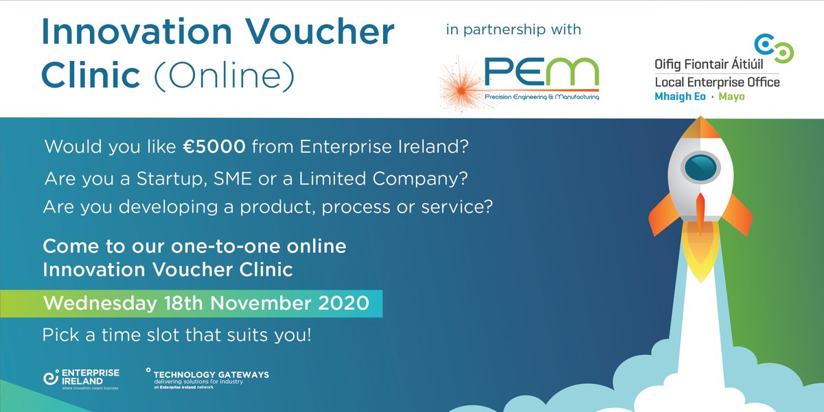 PEM_ATUSLIGO's tweet photo. What could your business do with a €5,000 Innovation Voucher from Enterprise Ireland?
Book your half-hour Consultation to find out more!
https://t.co/qFRq2ezJ7s
#innovation #design 
@leomhaigheo @EITechGateway @sligobusiness @BusinessSligo  @MayoDotIE @isme_ie @ITSligoCRU https://t.co/rHFYRz12UN