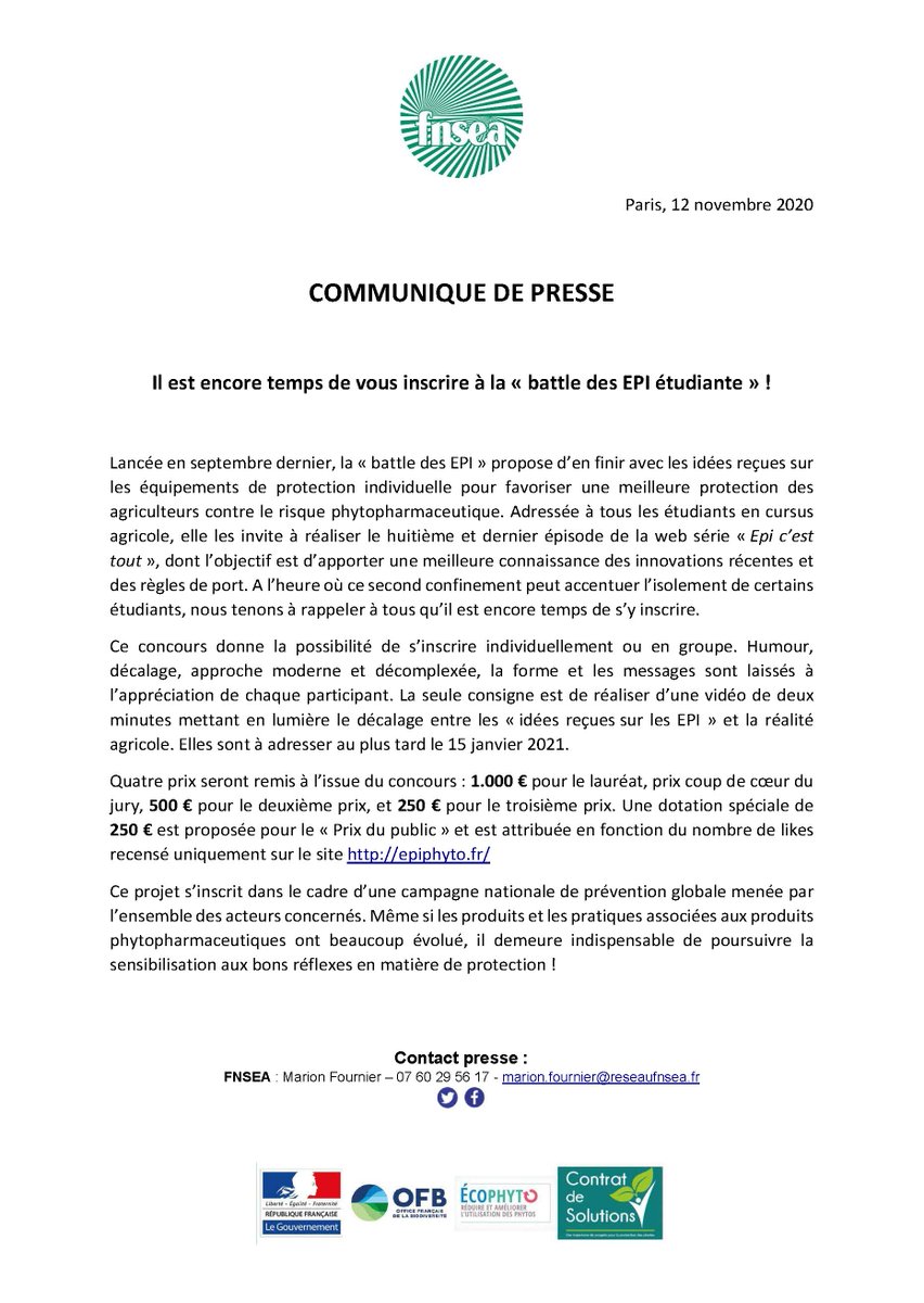 FNSEA's tweet photo. [#CP] Il est encore temps de vous inscrire à la « battle des #EPI étudiante » ! Pour en finir avec les idées reçues sur les équipements de protection individuelle https://t.co/vDXlovGHGI ➡️ https://t.co/i9VkJd9Z6L https://t.co/JuTEcc17tU