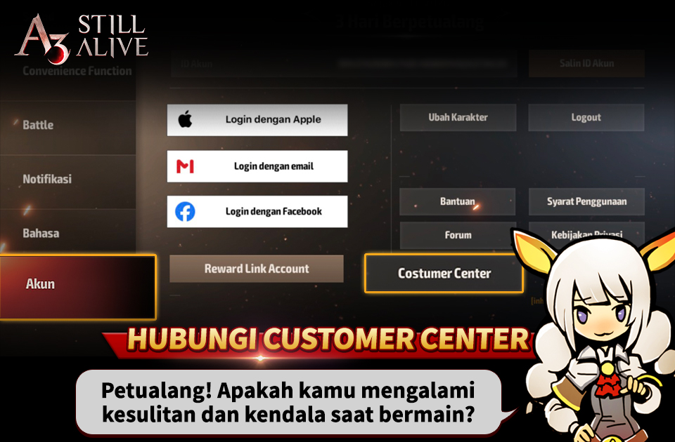 A3SA_ID's tweet photo. Petualang!

Jika kalian mengalami kendala saat bermain A3: STILL ALIVE
Kamu dapat melaporkan permasalahan yang kamu alami melalui 1:1 inquiry sesuai template yang tersedia, agar dapat kami periksa secepat mungkin. https://t.co/Vfc7R9seTr