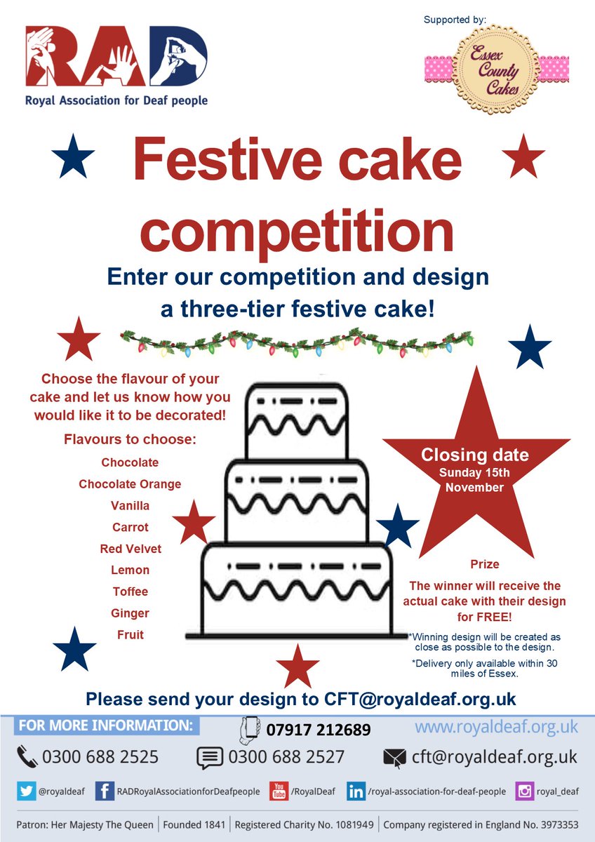 Festive cake #competition! Design a three-tier cake!
#deaf children up to age 18 can enter
Prize: The winner will receive the actual cake for FREE!*
Closing date: Sunday 15 November
*More information: royaldeaf.org.uk/cakecompetitio…
BSL: youtu.be/sQCeLYo4Ods
<a href="/esxcountycakes/">Essex County Cakes</a>