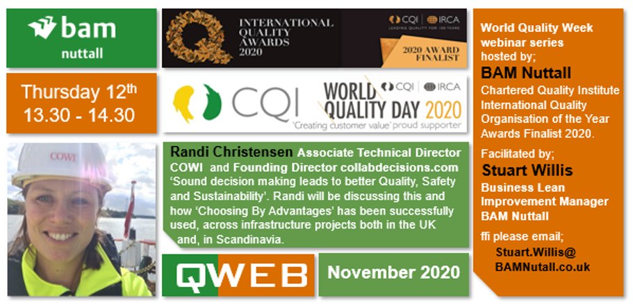 stuartwillis10's tweet photo. It's World Quality Day! In support of CQI @Qualityworld  we're very pleased to announce; Randi Christensen, Associate Technical Director COWI https://t.co/jcs5Z6Fxz8 13.30 TODAY! #WQD20 #bamnuttall #CreatingCustomerValue #quality #collaboration #leanconstruction https://t.co/lIRr6HL1g3