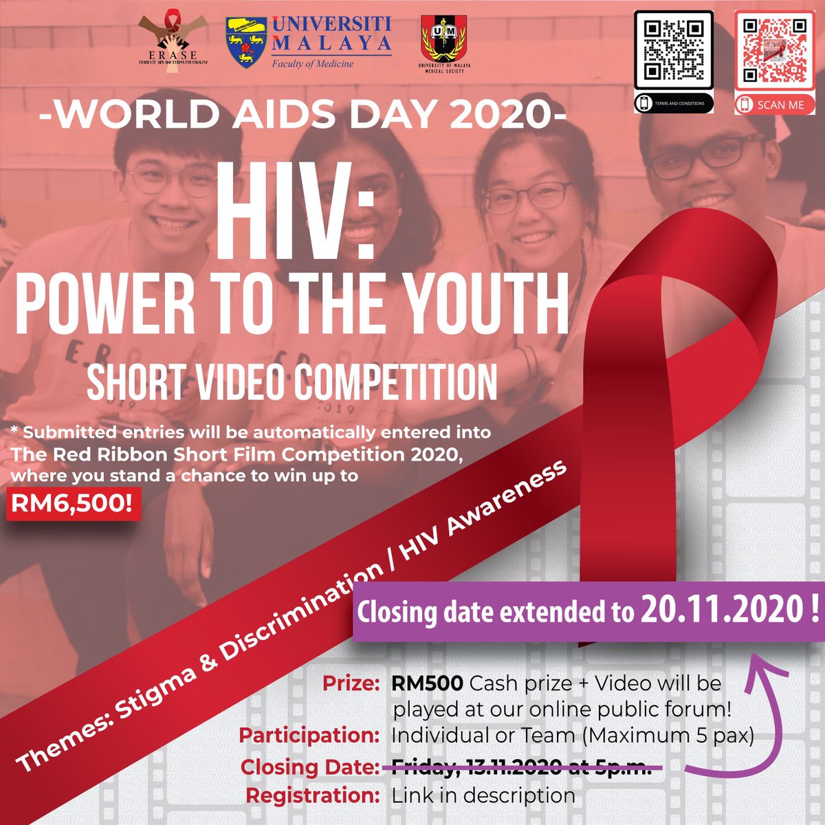 EraseAids's tweet photo. #WORLDAIDSDAY IS AROUND THE CORNER! We proudly present to you a short video competition themed “Power to the Youth”.
GREAT NEWS
❗️The closing date has now extended to 20/11/2020 ❗️
We do encourage you to join us! HURRY UP AND REGISTER NOW! 🤩Link in bio.
#ERASE2020
#HIV
#AIDS https://t.co/WmhreX1oS0