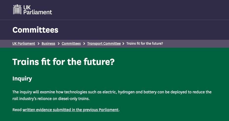 First, some background.UK rail traffic is largely electrified – but significant sections of track (+ freight) still use diesel locomotives.To reach UK net-zero goal, that must change.So MPs on  @CommonsTrans are rightly asking what we should do: https://committees.parliament.uk/work/653/trains-fit-for-the-future/