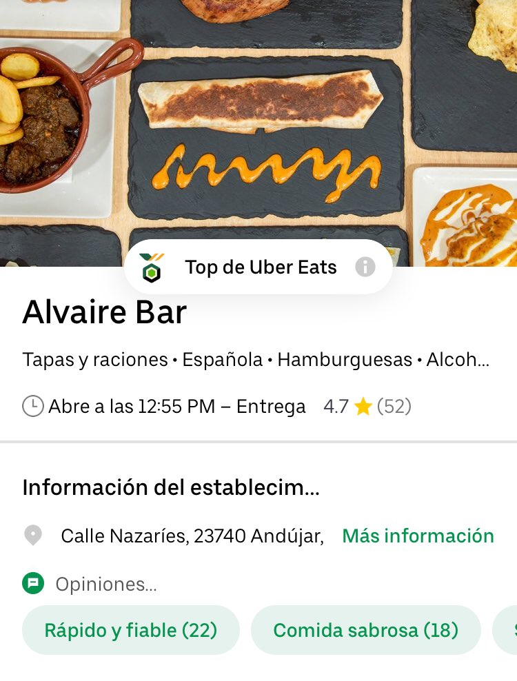 Mi padre tiene un bar de tapas en Andújar, Jaén, y está súper desanimado ya que desde la nueva normativa han reducido el número de horas y necesita ayuda. De siete a nueve y media hace pedidos para llevar desde la plataforma Uber Eats, se agradece difusión 🥺❣️