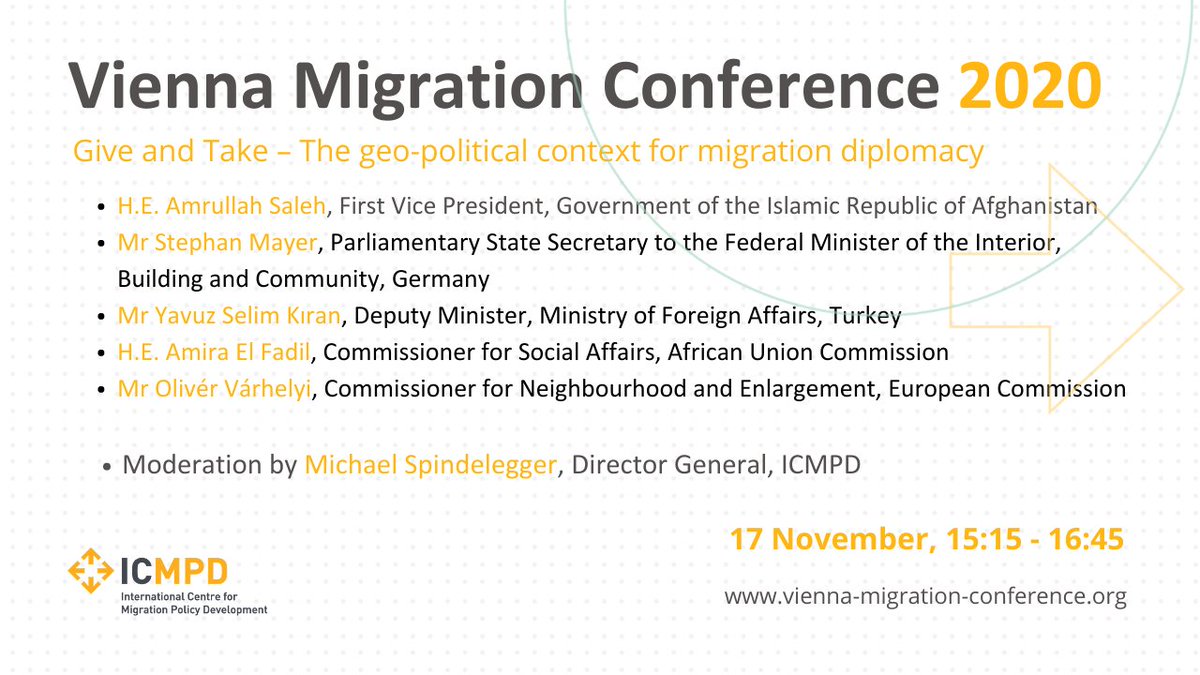 ICMPD's tweet photo. Next Tuesday: The high-level political session at the Vienna Migration Conference promises to be one of the top highlights of this year's Conference.
More information: https://t.co/SPNnKKHj20 
#ViennaMigConf 

@OliverVarhelyi 
@yavuzselimkiran
@AmrullahSaleh2 https://t.co/mjTjKlpToB