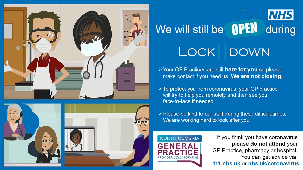 NHSNorthCumbria's tweet image. The NHS is still here for you! Many patients are now being offered appointments with their GP or hospital consultant via telephone or video where possible, to reduce the number of people entering healthcare buildings &amp;amp; ensure social distancing. Learn more: bit.ly/354i8S7