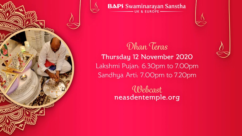 NeasdenTemple's tweet photo. Today is #DhanTeras. Join us on https://t.co/NElZsx2r0n at 6.30pm GMT for LIVE #LakshmiPujan - an opportunity to pray to the Hindu Goddess of Wealth for righteous prosperity and success in financial endeavours. #diwali #BAPSdiwali #DiwaliAtHome https://t.co/8nCuq9twQn