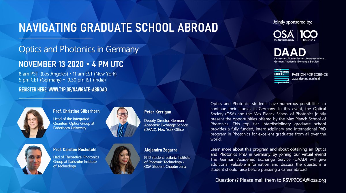 MPS_Photonics's tweet photo. Thinking about joining #Optics / #Photonics #GradSchool abroad? #Germany might be the right place for you! In our Information event tomorrow, we'll tell you why - together with @OpticalSociety and @DAADnewyork. Join in: https://t.co/9jVJIK4avB https://t.co/NzJ9c6Vuud