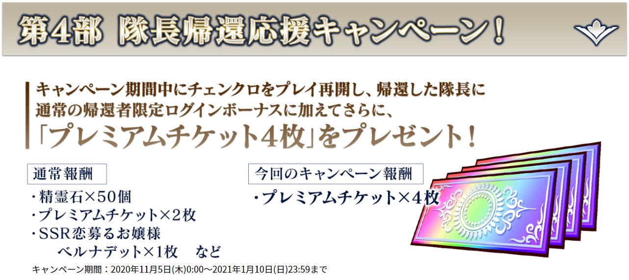 ট ইট র チェインクロニクル公式 第4部 隊長帰還応援キャンペーン実施中 期間中にチェンクロ のプレイを再開した隊長の皆様に 通常の帰還者限定プレゼントに加えて プレミアムチケット4枚 をプレゼント 21年1月10日 日 23 59まで 詳細はサイトでご ট ইট র チェインクロニクル公式 第4部 隊長帰還応援キャンペーン実施中 期間中にチェンクロ のプレイを再開した隊長の皆様に 通常の帰還者限定プレゼントに加えて プレミアムチケット4枚 をプレゼント 21年1月10日 日 23 59まで 詳細はサイトでご