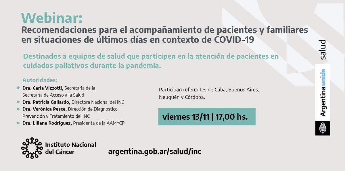 inc_argentina's tweet photo. Mañana el #INC junto con la #AAMYCP organizan el webinar “Recomendaciones para el acompañamiento de pacientes y familiares en situaciones de últimos días en contexto de COVID 19", destinado a equipos de salud
+ info: https://t.co/ALmOSV4Ypi
#cuidadospaliativos
#INC10AÑOS https://t.co/mF86bmSlOr