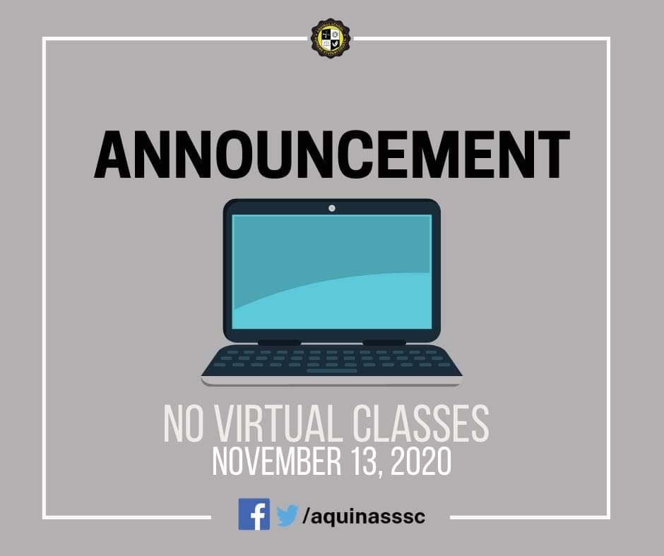 aquinasssc's tweet photo. Due to Typhoon Ulysses, there will be no synchronous and asynchronous classes tomorrow, Novemer 13, 2020. Stay safe, Aquinians! https://t.co/JQGyLgQ6az