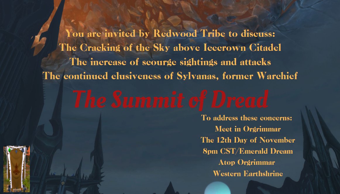 RedwoodTribes's tweet photo. Tonight in Orgrimmar. Find Redwood Tribe and start to work on this scourge problem and more. https://t.co/iZeJ5Tl2mS