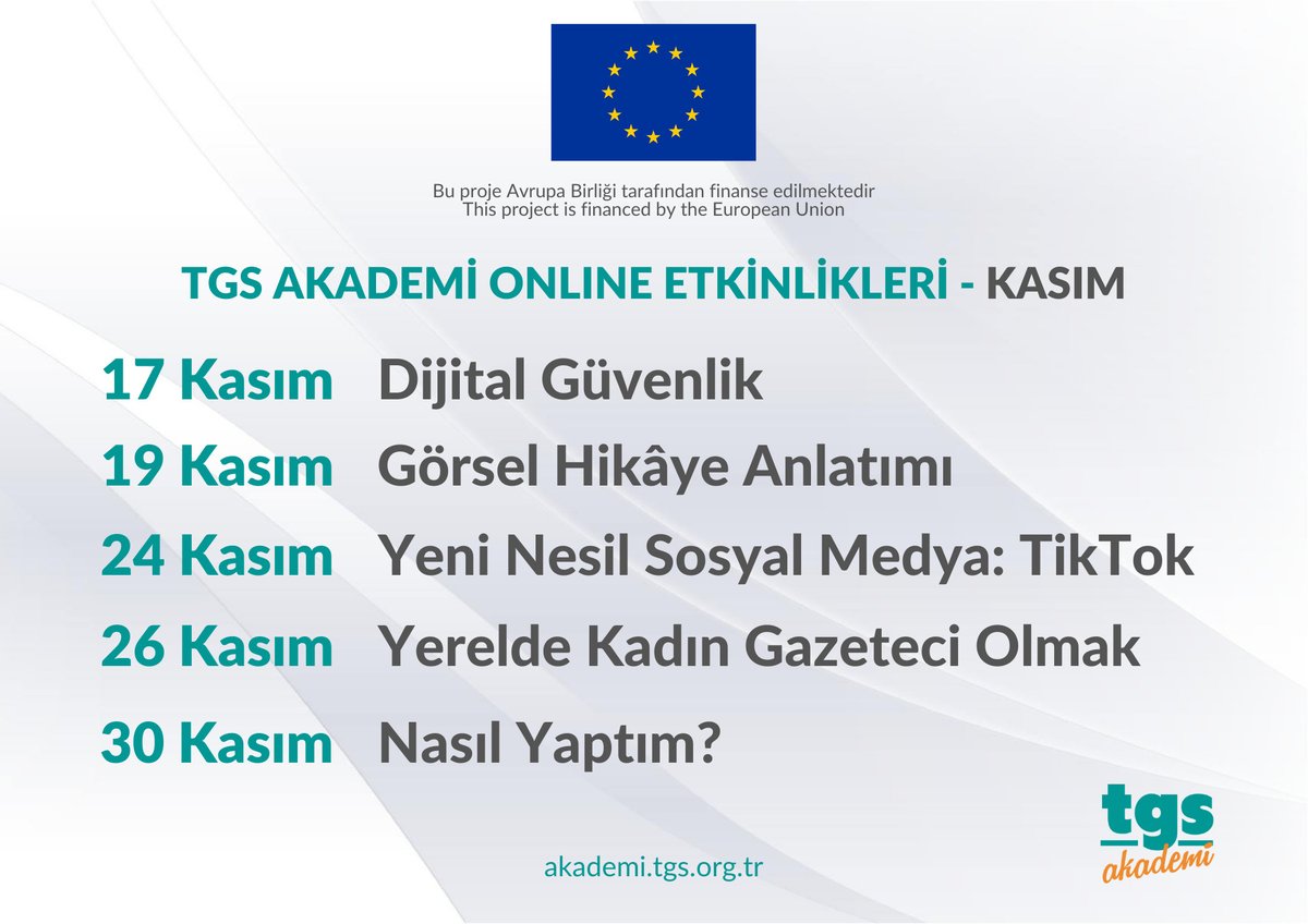Bu ay beş yeni eğitimimiz var 👌

Her Pazartesi gerçekleşen İngilizce Haber Analizi Atölyesi de  devam ediyor.

Kayıt için: linktr.ee/tgsakademi