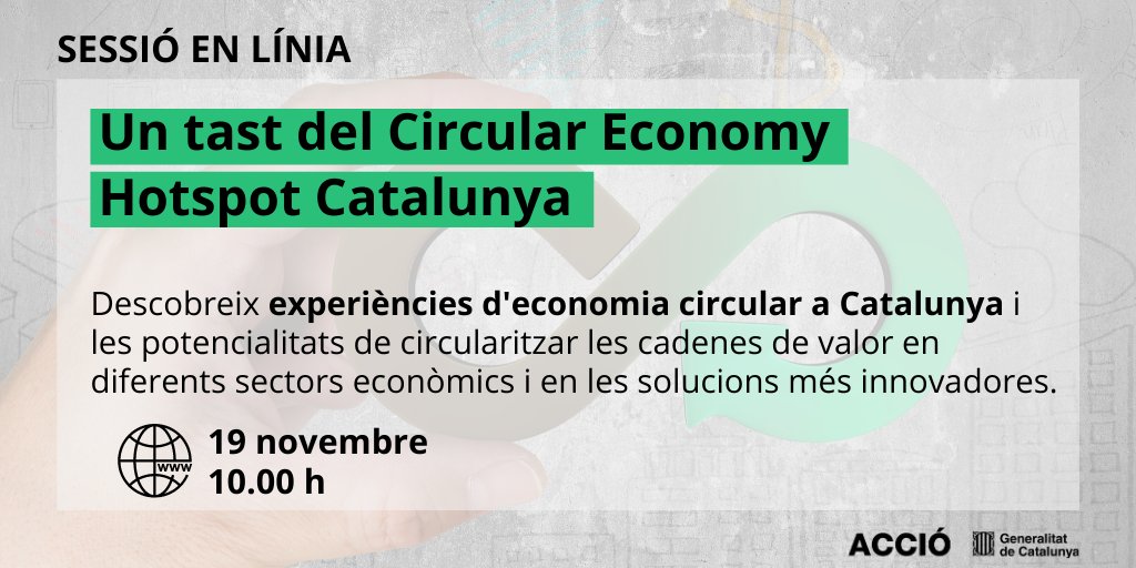 accio_cat's tweet image. Circular Economy Hotspot Catalonia 2020: Les darreres iniciatives empresarials d’èxit, projectes d'R+D i innovació, i estratègies i col·laboracions governamentals. I molt més!

📆 19/11
⏰ 10h

#CEHotspotCAT #CatalunyaCircular @mediambientcat

+info:
agenda.accio.gencat.cat/cercador/-/act…