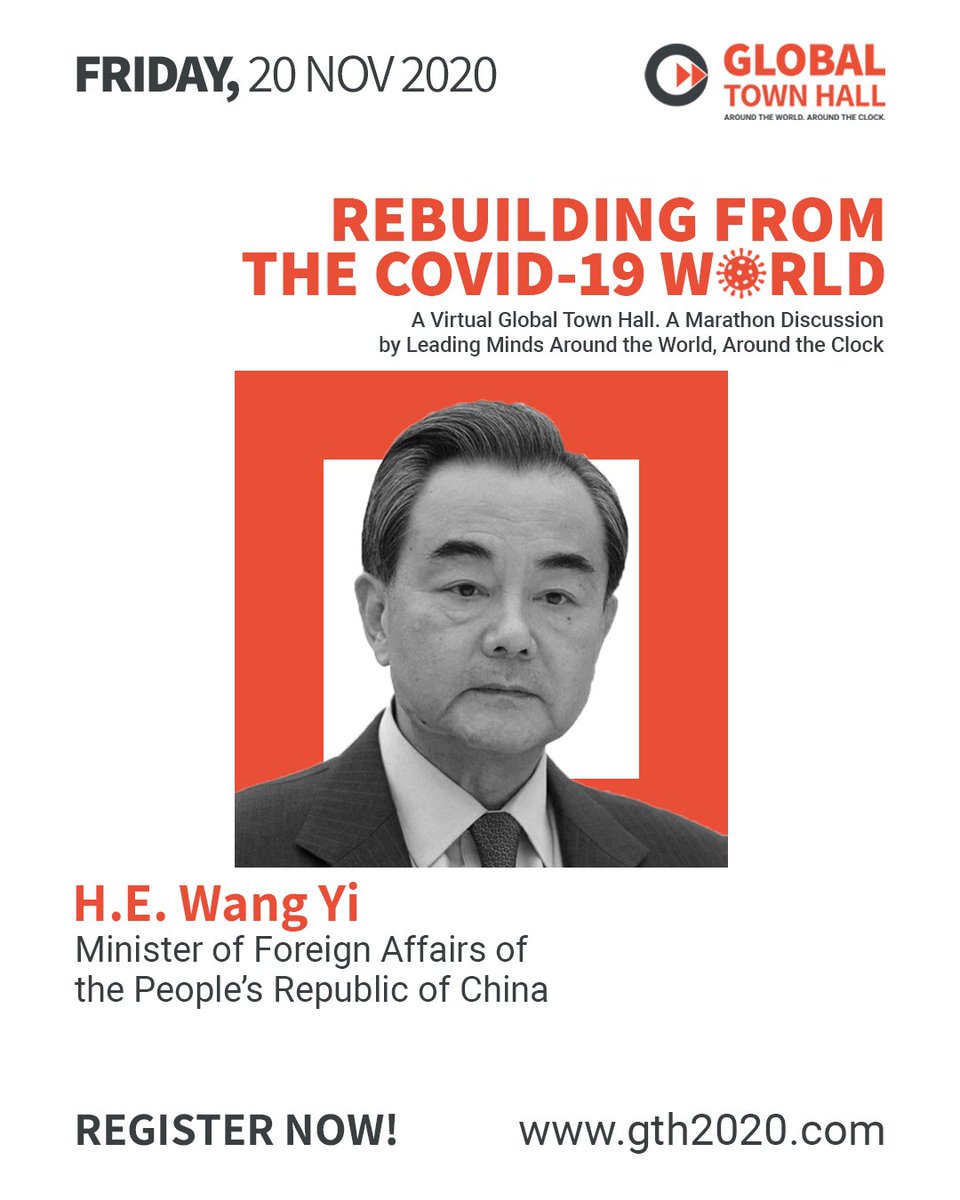 THIS JUST IN! Minister of Foreign Affairs of the People’s Republic of China, H.E. Wang Yi, will address the Global Town Hall.

As China's top diplomat, he will provide the public with a Chinese perspective on the current state of the COVID-19 world.