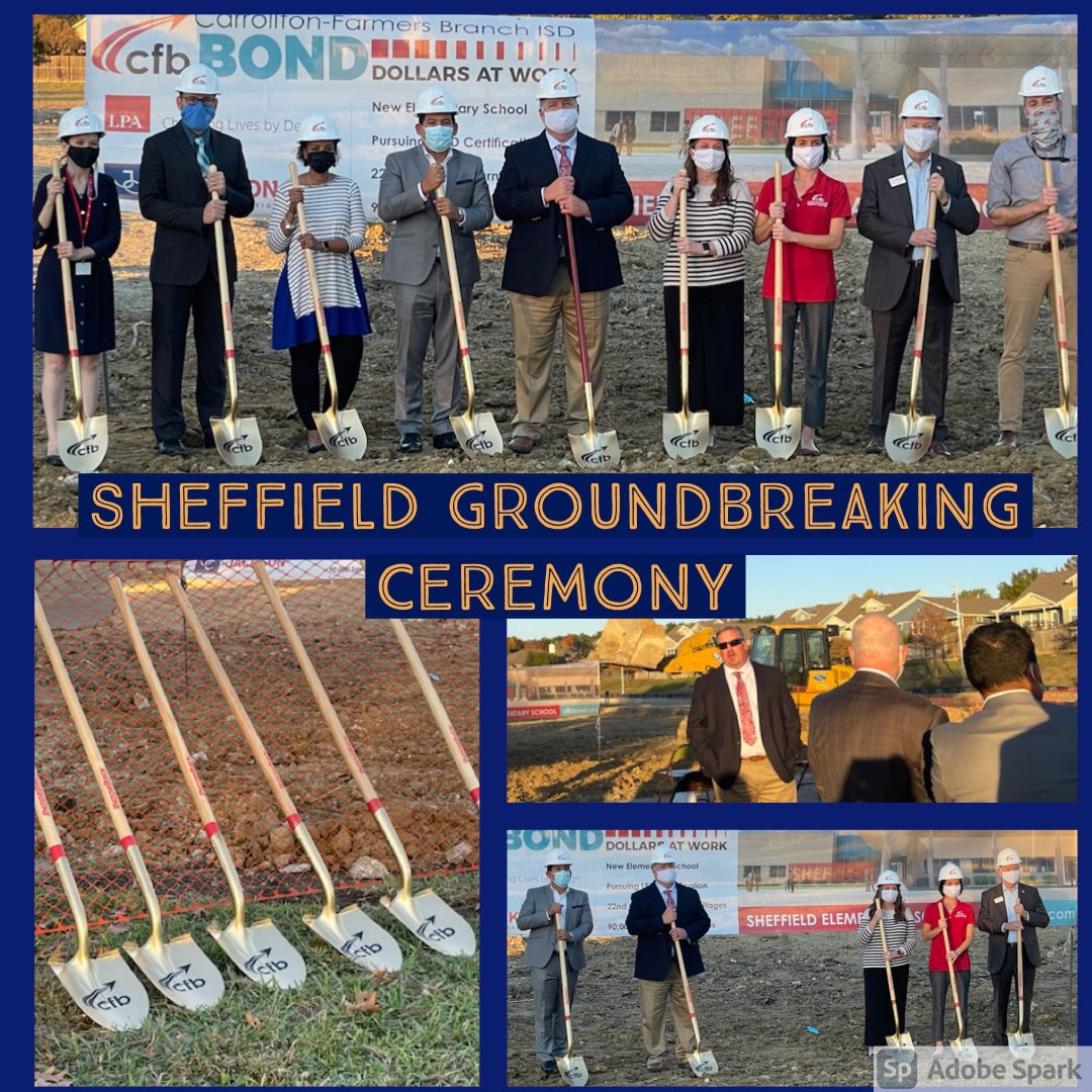 SheffieldElem's tweet photo. Dr. Chapman, school board members, and Mrs. Jones broke ground to kick off construction at the new Sheffield Elementary! The new Sheffield is set to open in 2022 and is designed for 22nd Century learning. We are so excited for our Wranglers! #cfbisd @CFBISD #SheffieldElementary https://t.co/v9jc0W6j2d