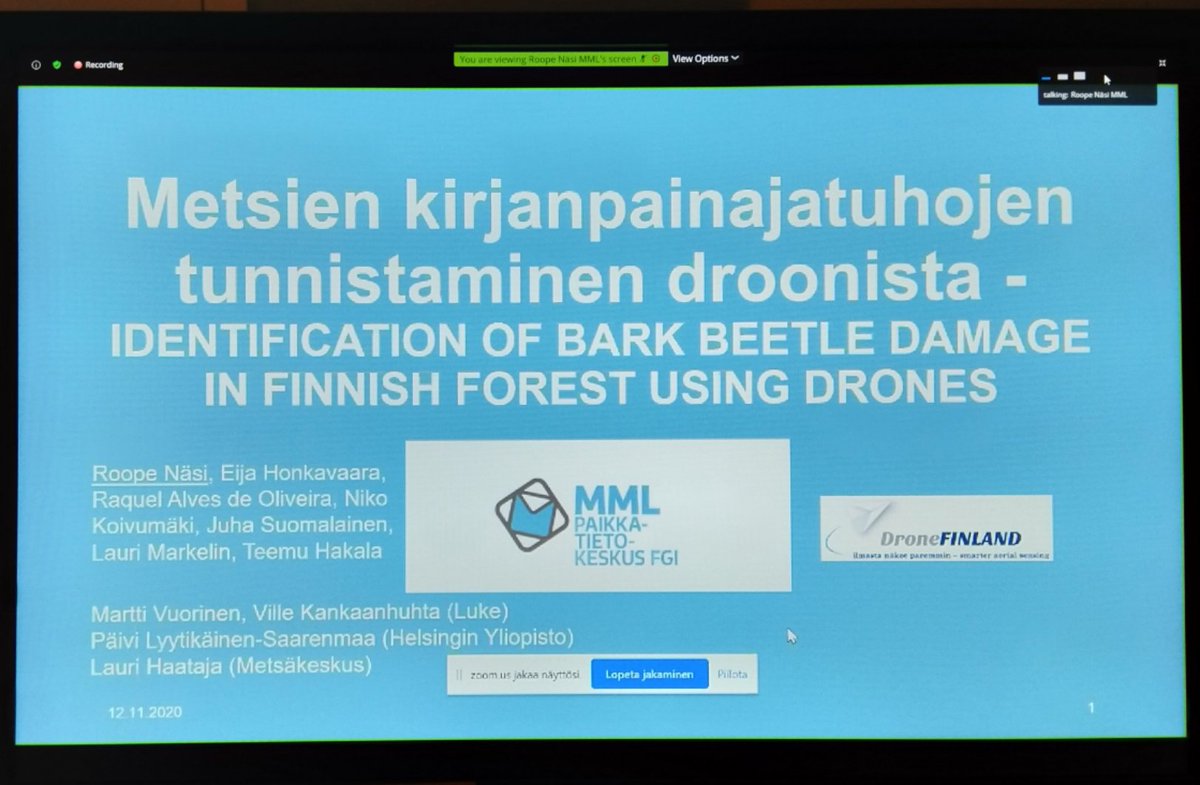 LauriMarkelin's tweet photo. Roope Näsi from @fgi_nls presenting how #drones can be used in identification of bark beetle damages in Finnish #forests. #findrones2020 conference. @dronefinland @FinDrones2020 https://t.co/E6maQkHofw